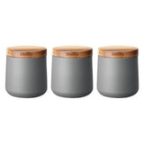 Denby 3-piece grey galvanised steel canister set with Acacia wood lids, airtight seal, available at Keans Claremorris.