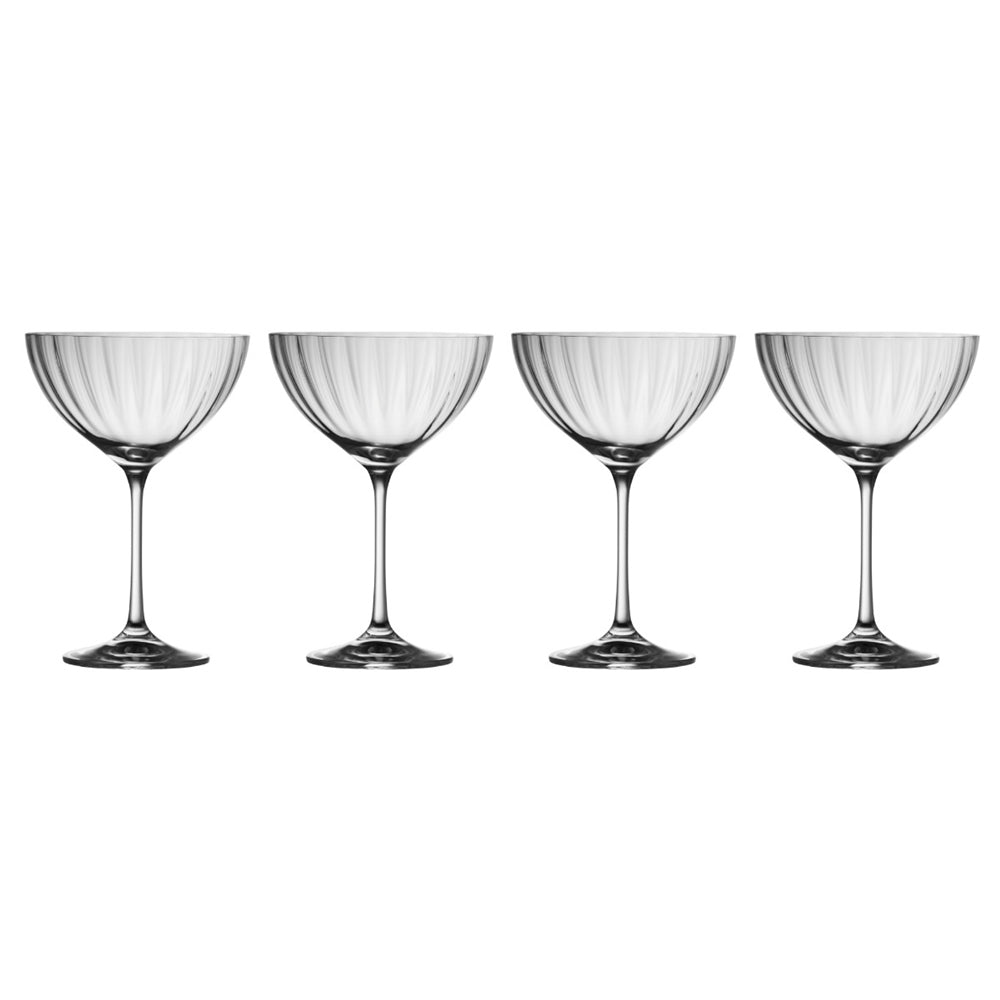 Galway Crystal Erne Champagne Saucer Set of 4 with stylish light line pattern, 17.5cm tall, perfect gift from Keans