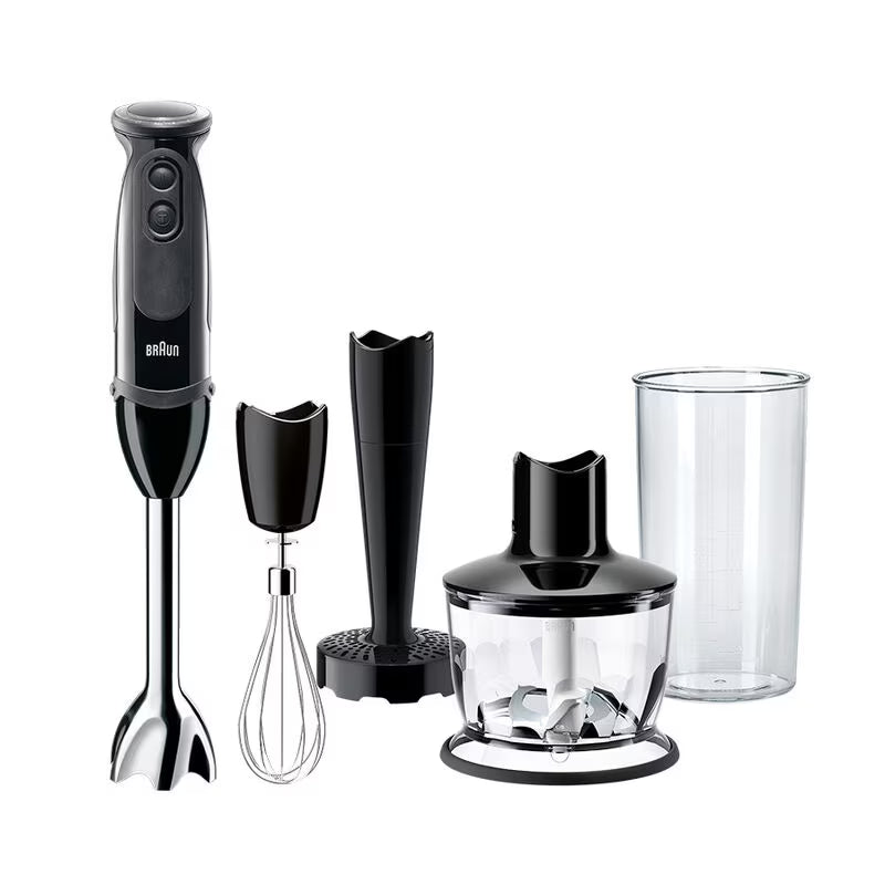 Braun MultiQuick 5 hand blender with whisk, masher, chopper, and clear measuring beaker on white background.
