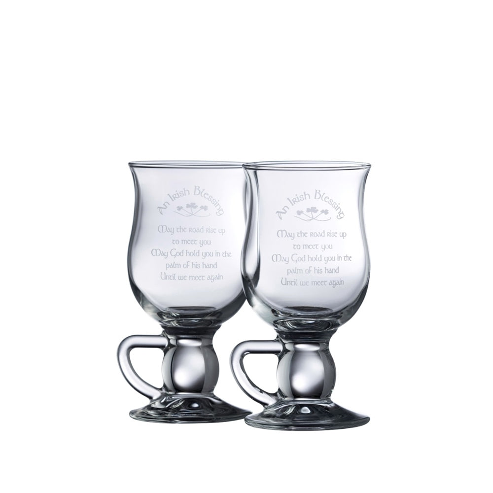 Galway Crystal Irish Blessing Latte Pair, etched glasses with Irish blessing, includes Irish Coffee recipe, Keans Claremorris