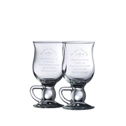 Galway Crystal Irish Blessing Latte Pair, etched glasses with Irish blessing, includes Irish Coffee recipe, Keans Claremorris