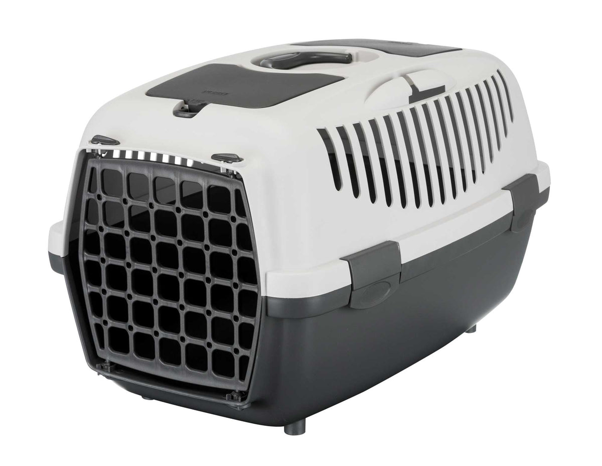 Grey Capri pet carrier box 32x31x48cm, ventilated, lightweight, secure latch, seatbelt attachment – Keans Claremorris