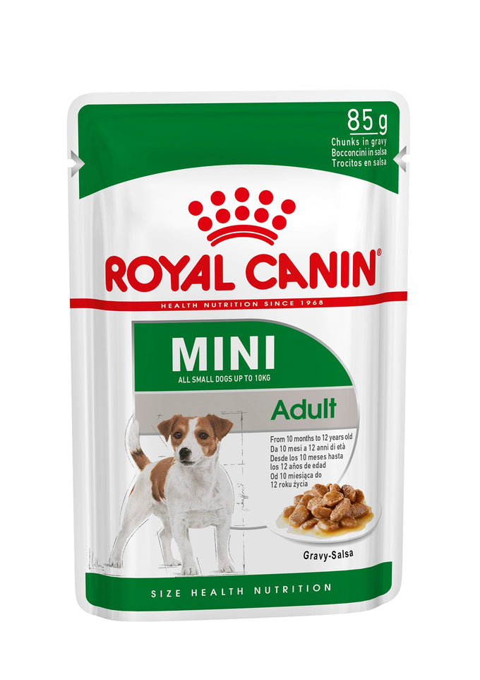 Royal Canin Mini Adult wet dog food pouch 85g, for small breeds, supports digestion, coat health, from Keans Claremorris.