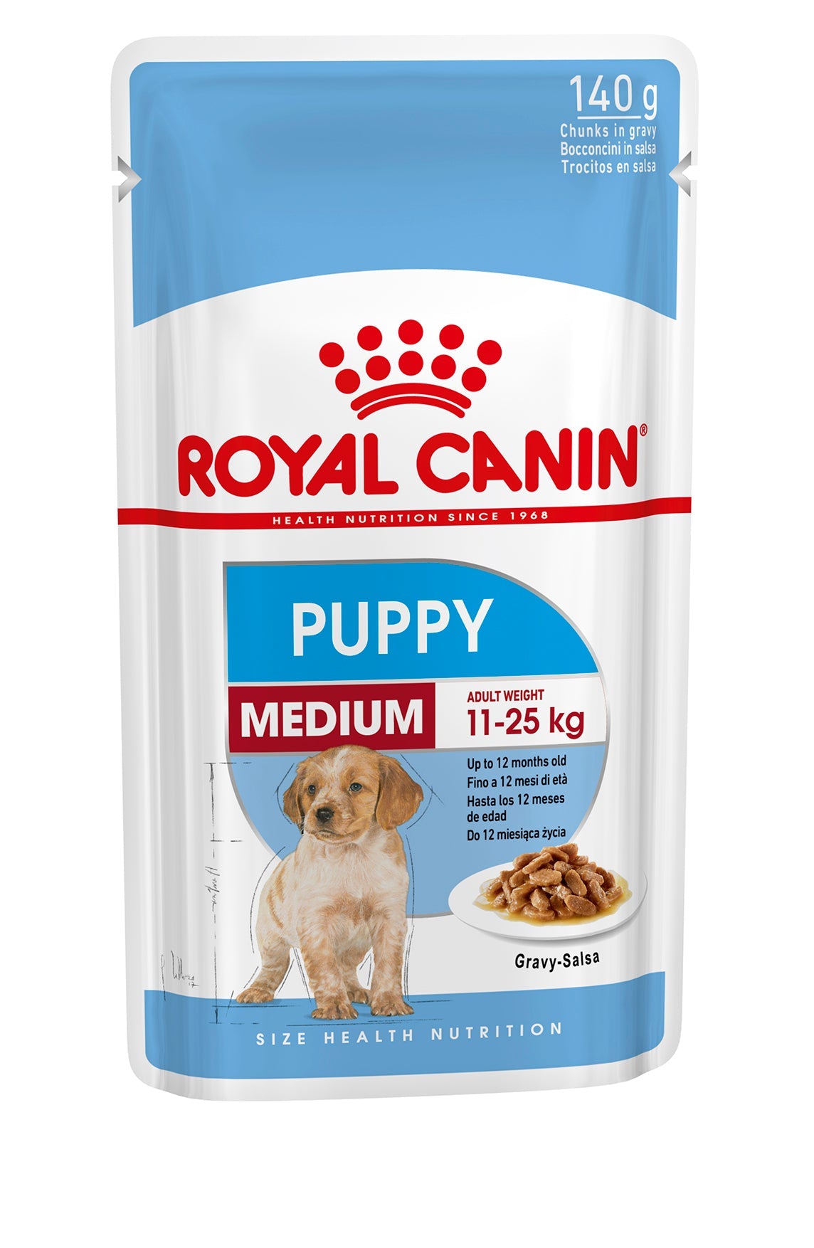Royal Canin Medium Puppy Wet Food 140g pouch with gravy, supports immune and digestive health, high energy, Keans
