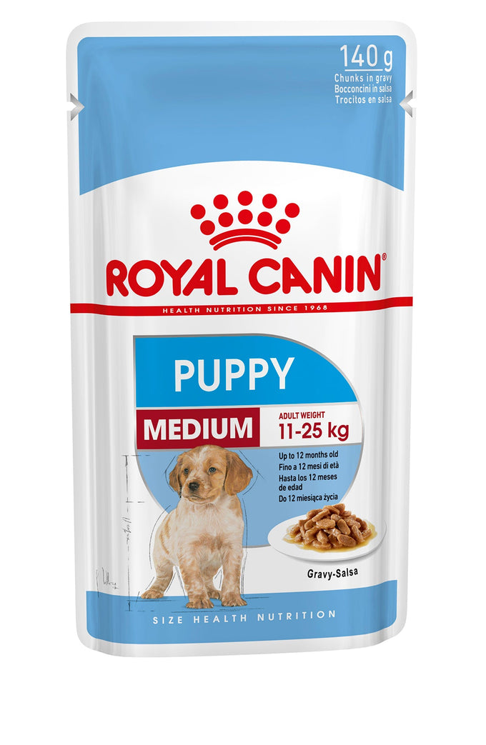 Royal Canin Medium Puppy Wet Food 140g pouch with gravy, supports immune and digestive health, high energy, Keans