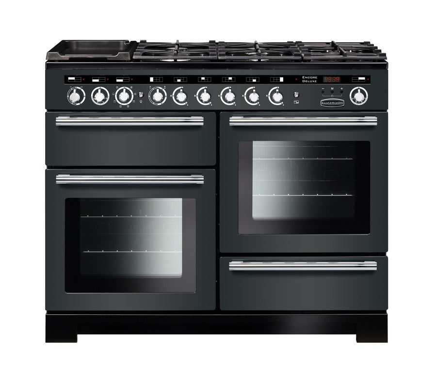 Rangemaster Encore Deluxe 110 dual fuel range cooker in charcoal black with chrome trim, two ovens, and seven-burner hob.