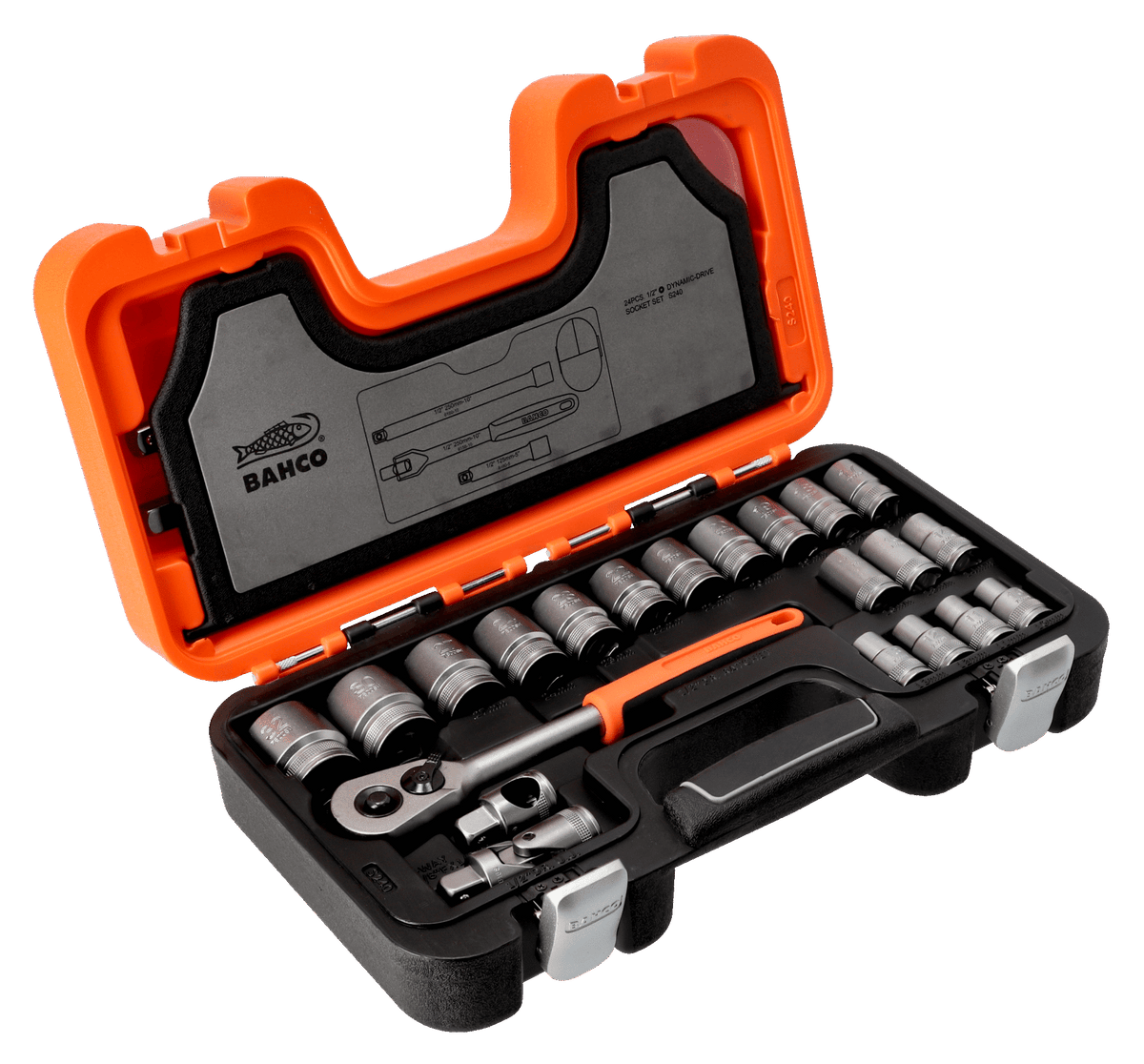 Open orange and black Bahco 1/2" drive socket set case showing sockets and ratchet handles inside.