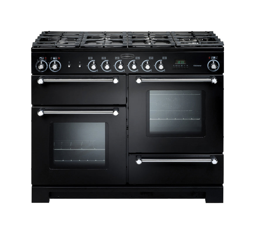 Rangemaster Kitchener 110 dual fuel range cooker in black with chrome trim, six-burner gas hob, and two ovens.