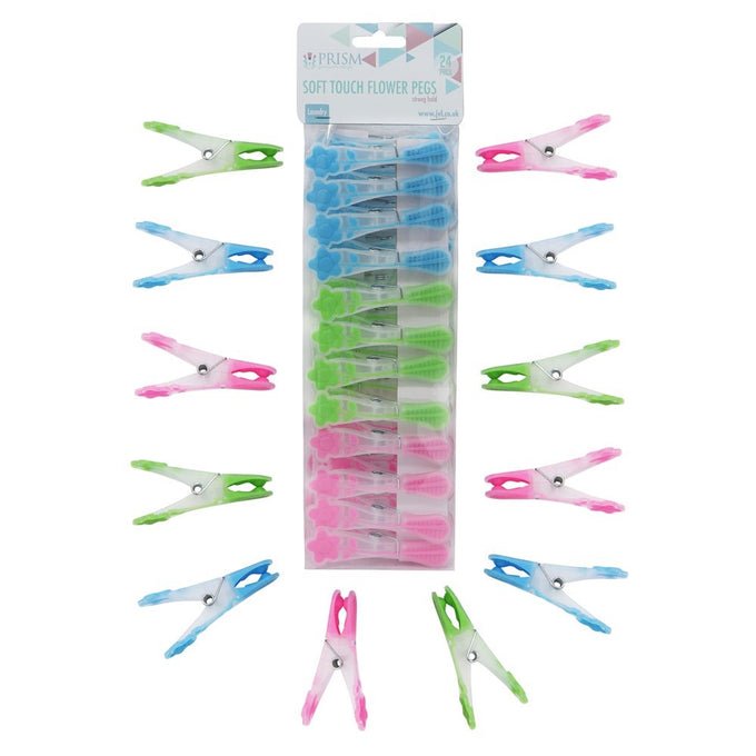 Prism 24 pack soft-touch flower clothes pegs in blue, green, pink with strong springs, cushioned grip – Keans Claremorris