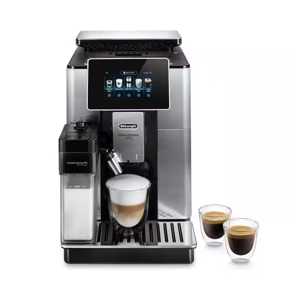 De'Longhi PrimaDonna Class coffee machine with two cups of coffee on a white background