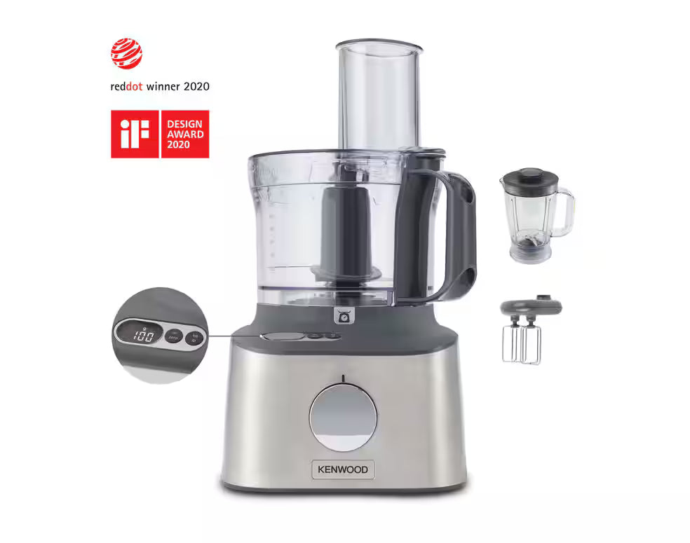 Kenwood MultiPro Compact+ food processor with clear bowl, digital scale display, blender jug, and whisk attachments.