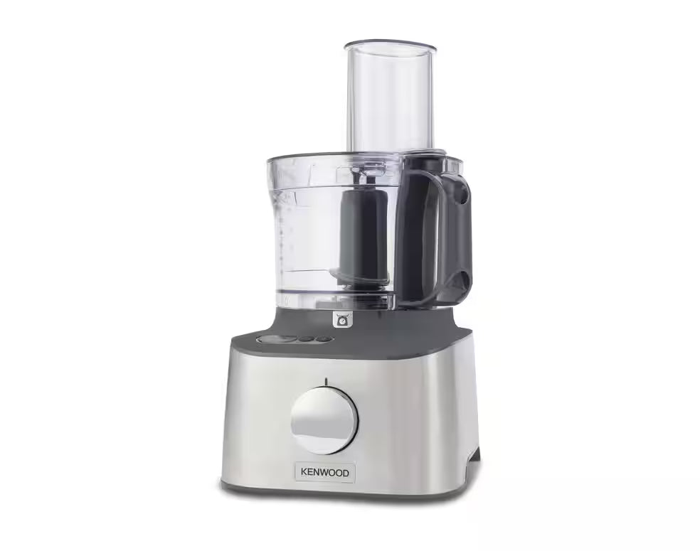 Kenwood MultiPro Compact food processor with stainless steel base and clear plastic bowl on white background