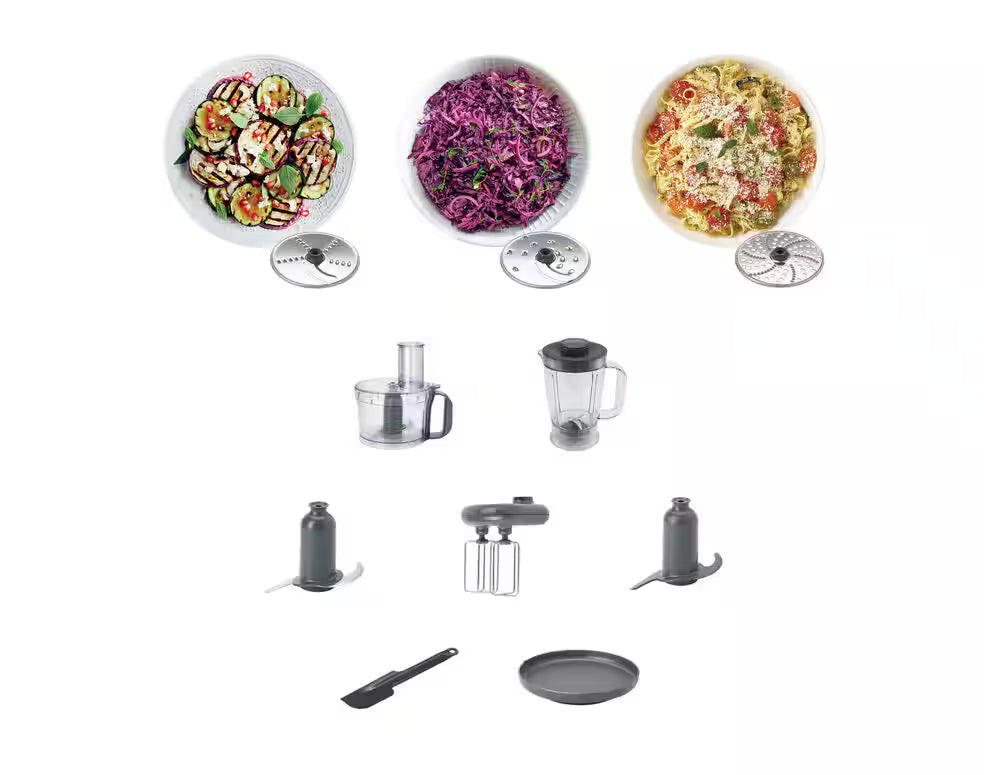 Kenwood MultiPro Compact food processor with bowls, discs, blades, blender jug, beaters, spatula, and chopping blade.