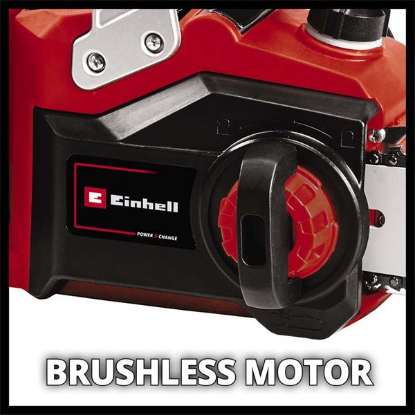 Close-up of the red and black Einhell Power X-Change 36V cordless chainsaw motor housing and adjustment knob.