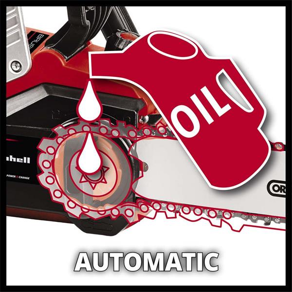 Close-up of Einhell Power X-Change 36V chainsaw bar and chain with graphic showing automatic oiling feature.