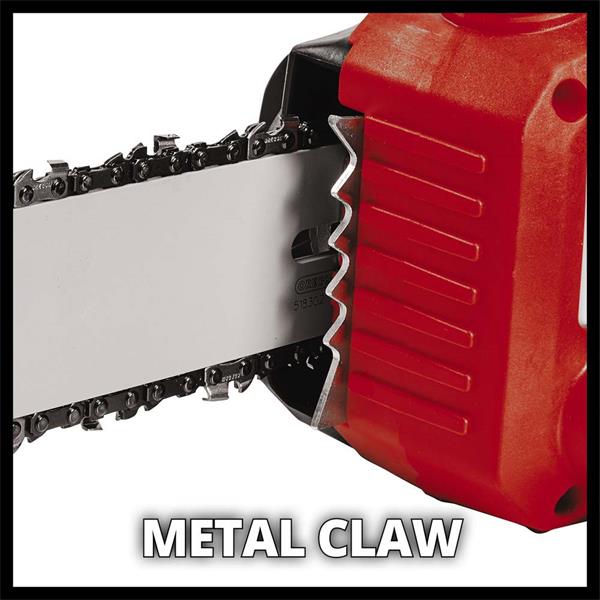 Close-up of the metal claw and chain on the Einhell Power X-Change 36V 35CM cordless chainsaw blade.
