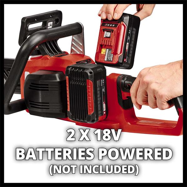 Close-up of Einhell Power X-Change 36V cordless chainsaw showing battery slot with one battery being inserted