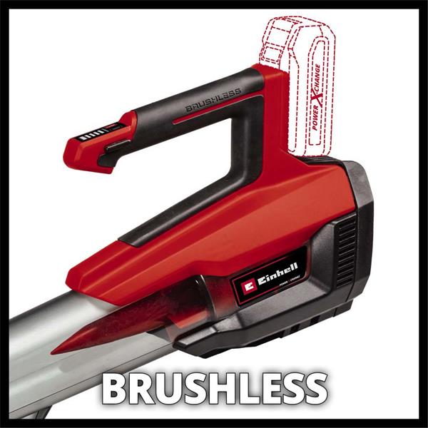 Einhell Power X-Change 18V cordless leaf blower in red and black, shown without battery installed.