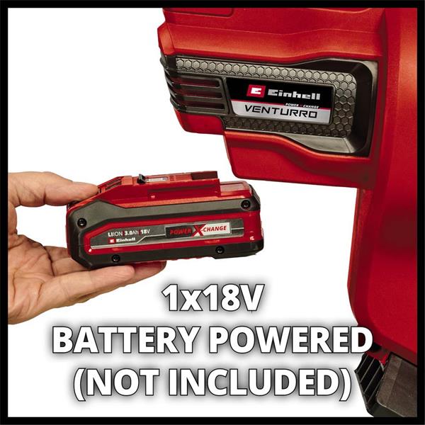 Close-up of Einhell Power X-Change 18V Venturro leaf blower with hand holding compatible 18V battery (not included)