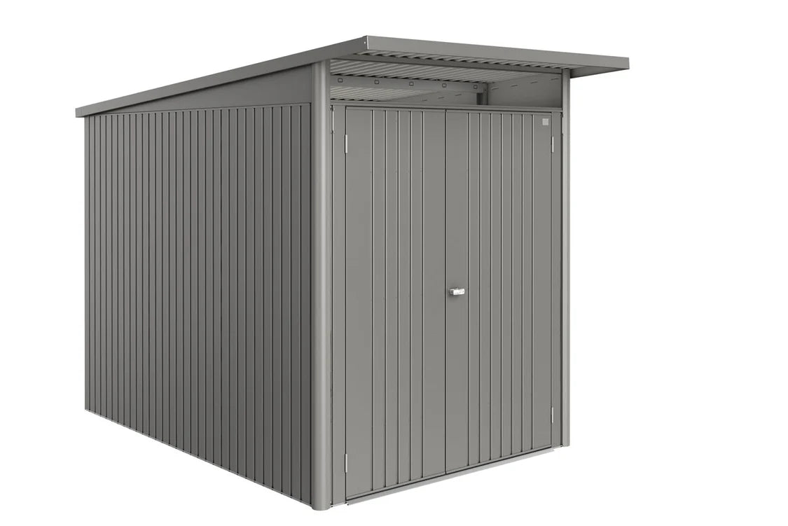 Biohort Garden Shed AvantGarde ECO in quartz grey with double doors and slanted roof, front angled view.