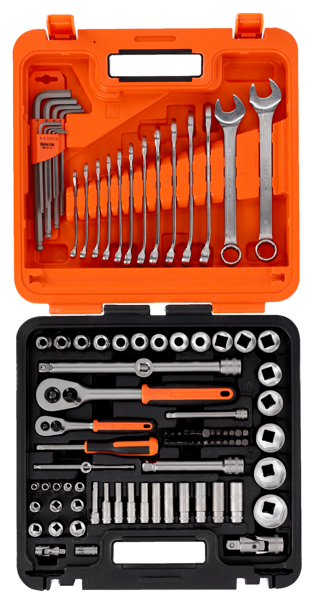 Open Bahco 98 piece socket and mechanics set with wrenches, ratchets, hex keys, and screwdriver in case