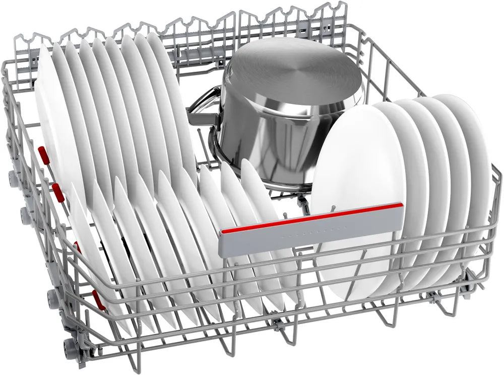 Lower rack of Bosch Series 6 dishwasher loaded with white plates and a stainless steel pot in brushed steel finish