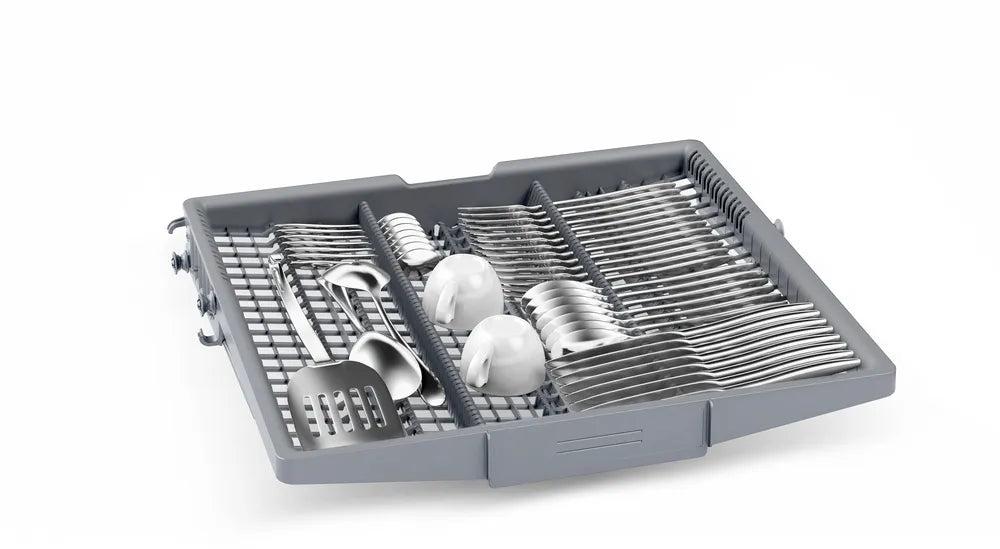 Top cutlery tray loaded with forks, spoons, knives, and kitchen utensils for Bosch Series 6 dishwasher.