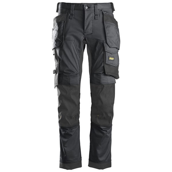 Snickers All Around Stretch Trousers in grey with multiple pockets and reinforced knee panels, front view.