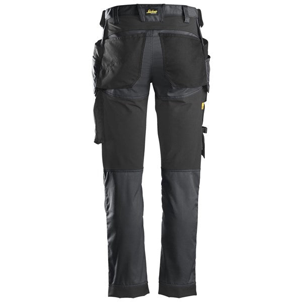Snickers All Around Stretch Trousers in grey, shown from the back with reinforced pockets and knee panels.