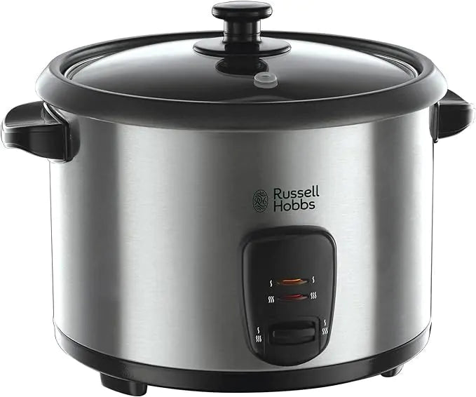 Russell Hobbs rice cooker in stainless steel with black handles and glass lid, front control panel visible