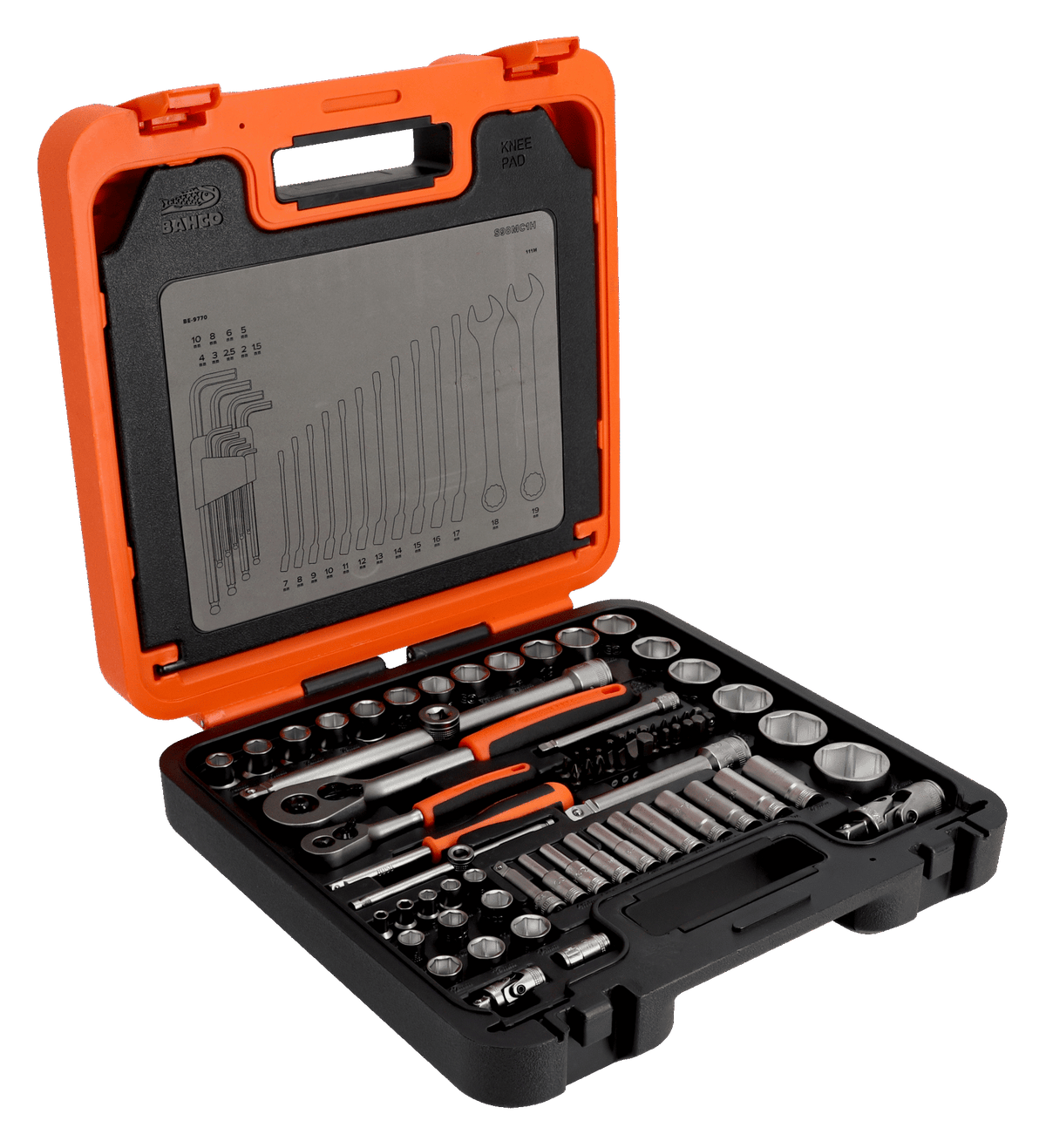 Open orange and black Bahco 98 Piece Socket & Mechanics Set with sockets, wrenches, and tools inside molded case.