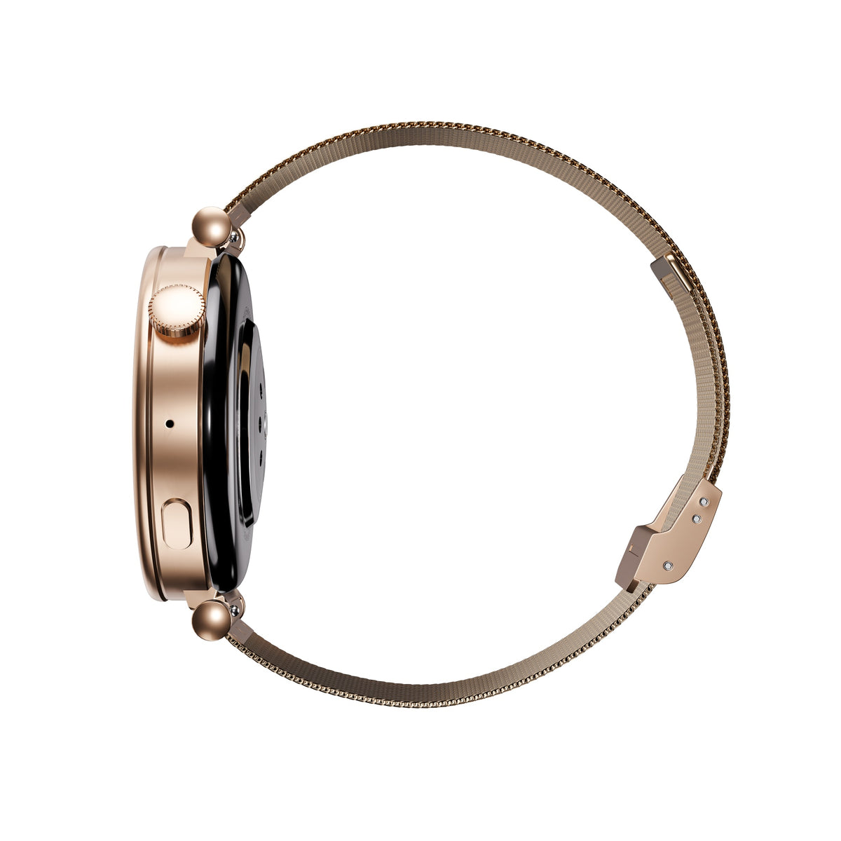 Side view of Smartwatch Garett Rose Gold Mesh showing the rose gold case and mesh strap.