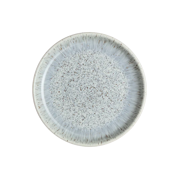 Denby Halo Speckle Medium Coupe Plate 21cm stoneware, oven-safe, handcrafted with unique speckled glaze, available at Keans