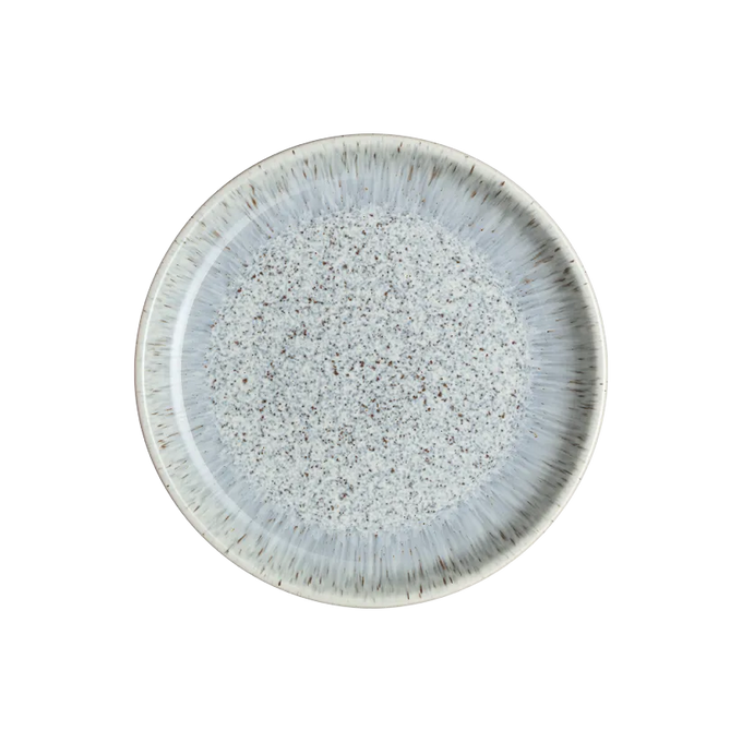 Denby Halo Speckle Medium Coupe Plate 21cm stoneware, oven-safe, handcrafted with unique speckled glaze, available at Keans