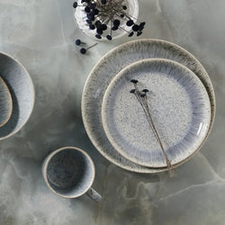 Denby Halo Speckle Medium Coupe Plate with textured finish, ideal for everyday use – available at Keans Claremorris.