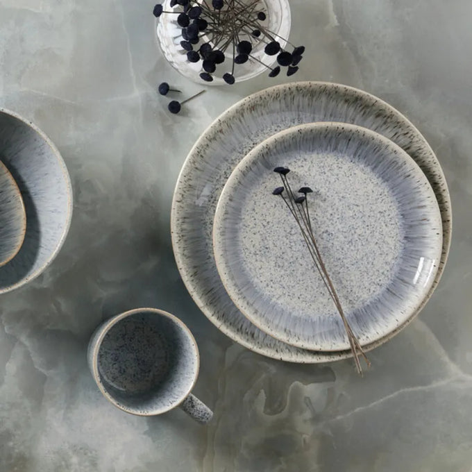 Denby Halo Speckle Medium Coupe Plate with textured finish, ideal for everyday use – available at Keans Claremorris.