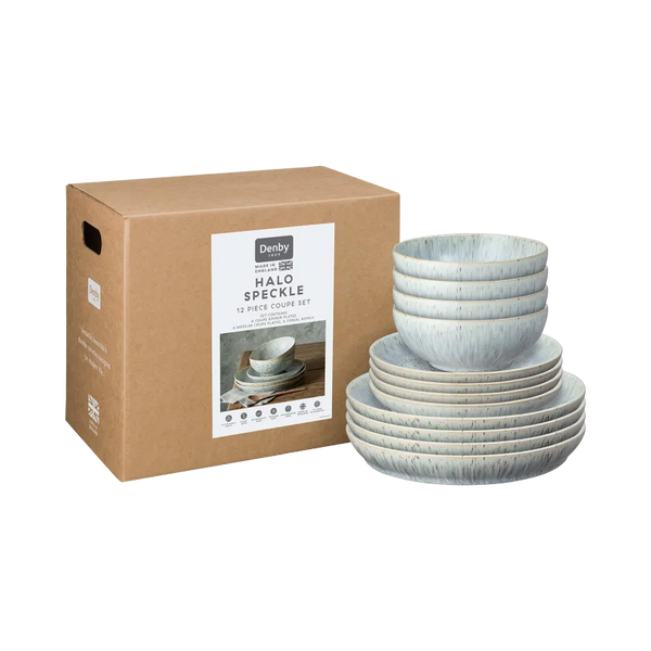 Denby Halo Speckle 12 Piece Tableware Set, handcrafted stoneware with speckled glaze, durable and microwave safe – Keans