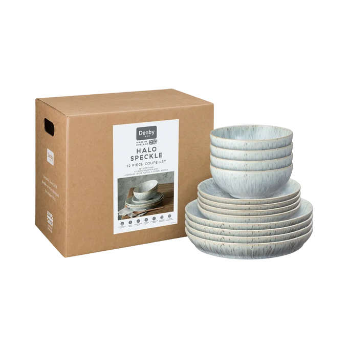 Denby Halo Speckle 12 Piece Tableware Set, handcrafted stoneware with speckled glaze, durable and microwave safe – Keans