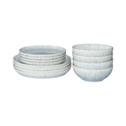 Denby Halo Speckle 12 Piece Coupe Set with speckled glaze, durable stoneware, available at Keans Claremorris.