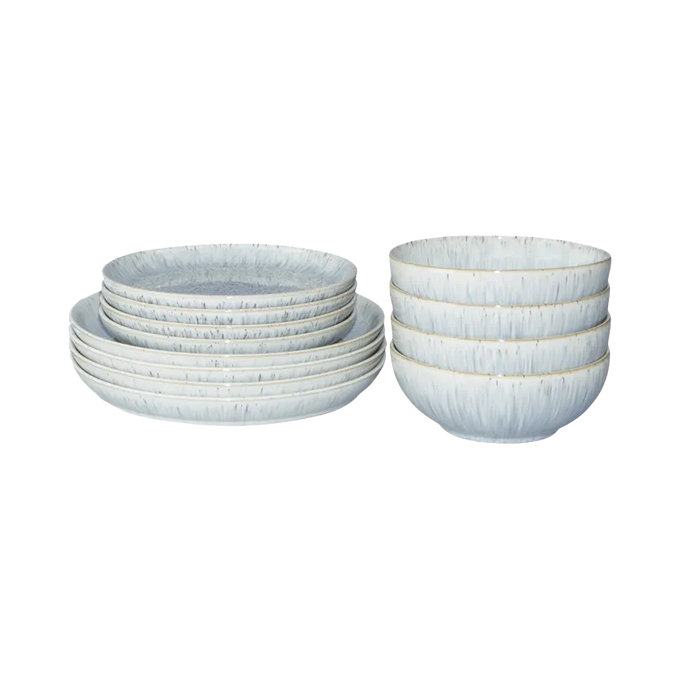 Denby Halo Speckle 12 Piece Coupe Set with speckled glaze, durable stoneware, available at Keans Claremorris.