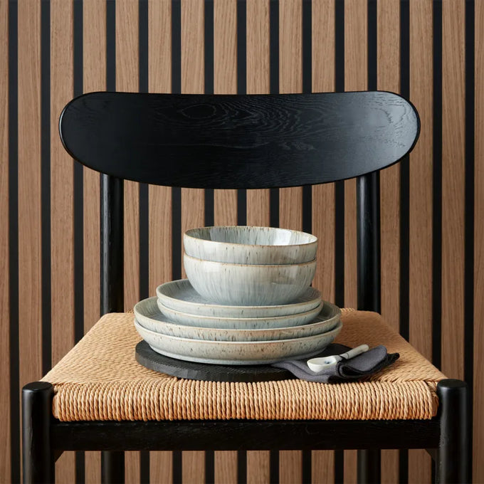 Denby Halo Speckle 12 Piece Coupe Set with speckled glaze, durable stoneware, available at Keans Claremorris.