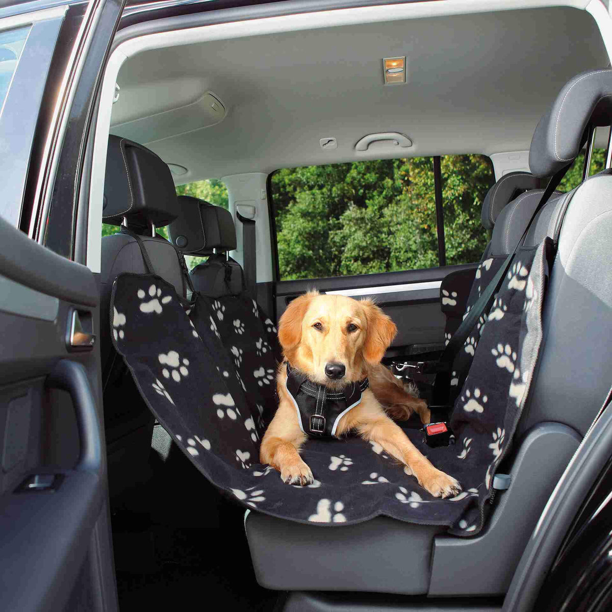 Car seat cover 1.40x1.45m black/beige, fleece with waterproof nylon, non-slip, belt slits, pet hair protection – Keans