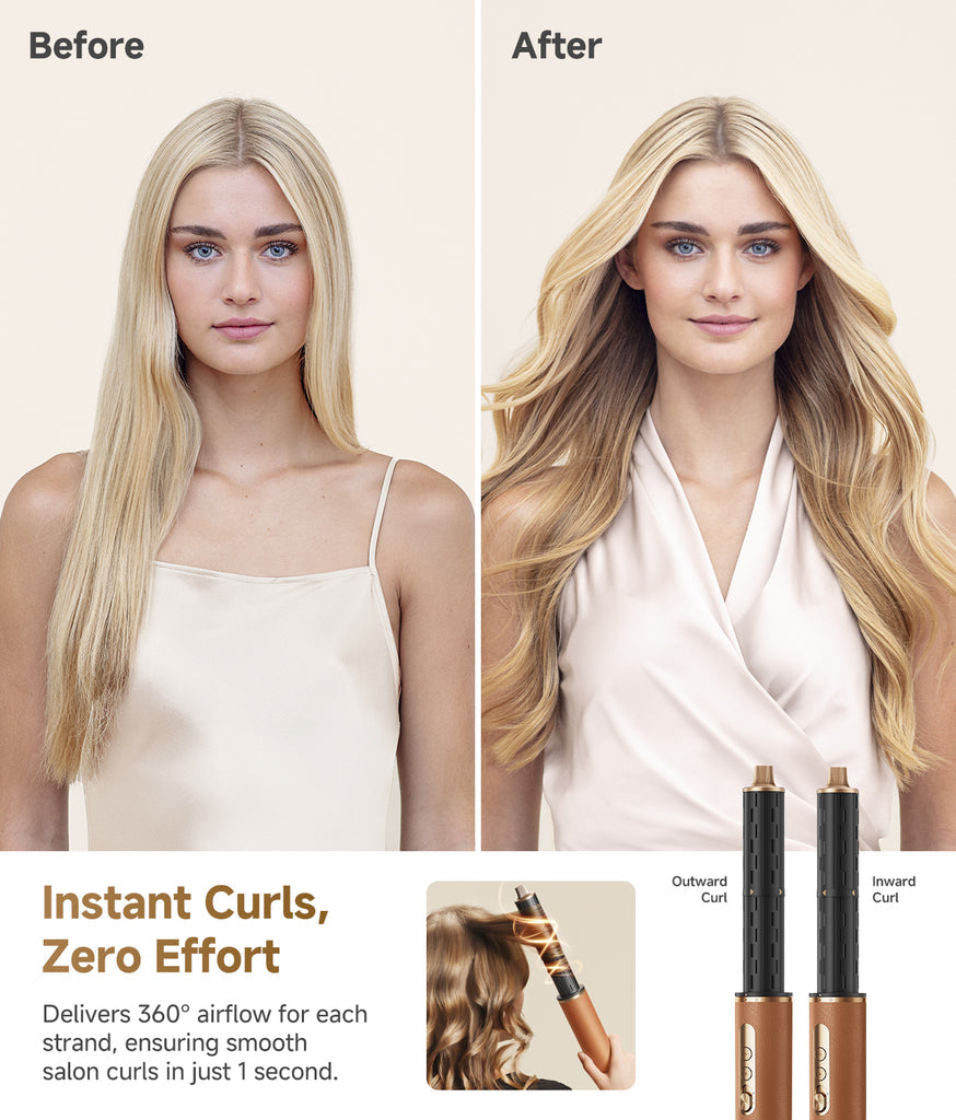 Before and after photos showing straight hair transformed into smooth, voluminous curls with Dreame AirStyle Pro hair styler.