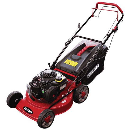 Green Craft 46cm self-propelled petrol lawnmower with 139cc engine and 60L grass collection bag.