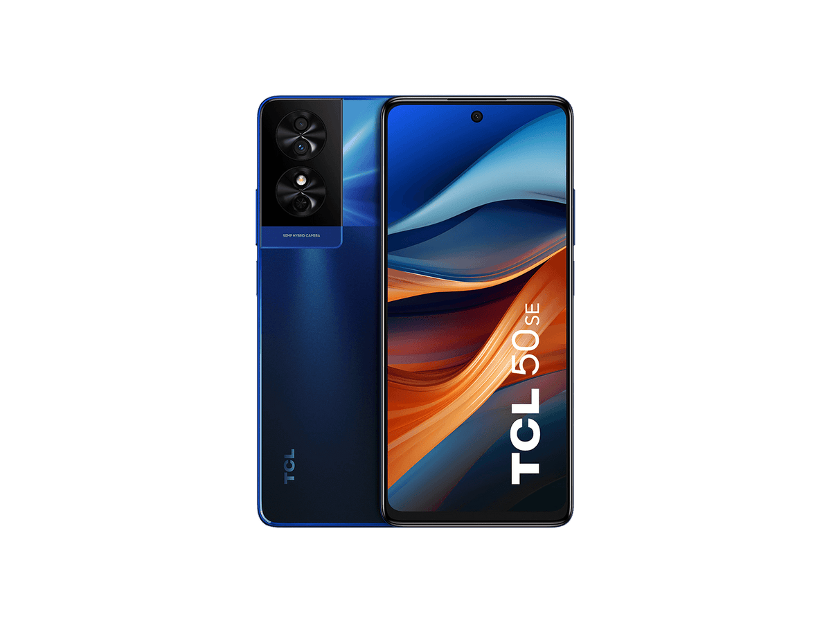 TCL 50 SE smartphone in midnight blue showing front display and rear dual camera module close-up.