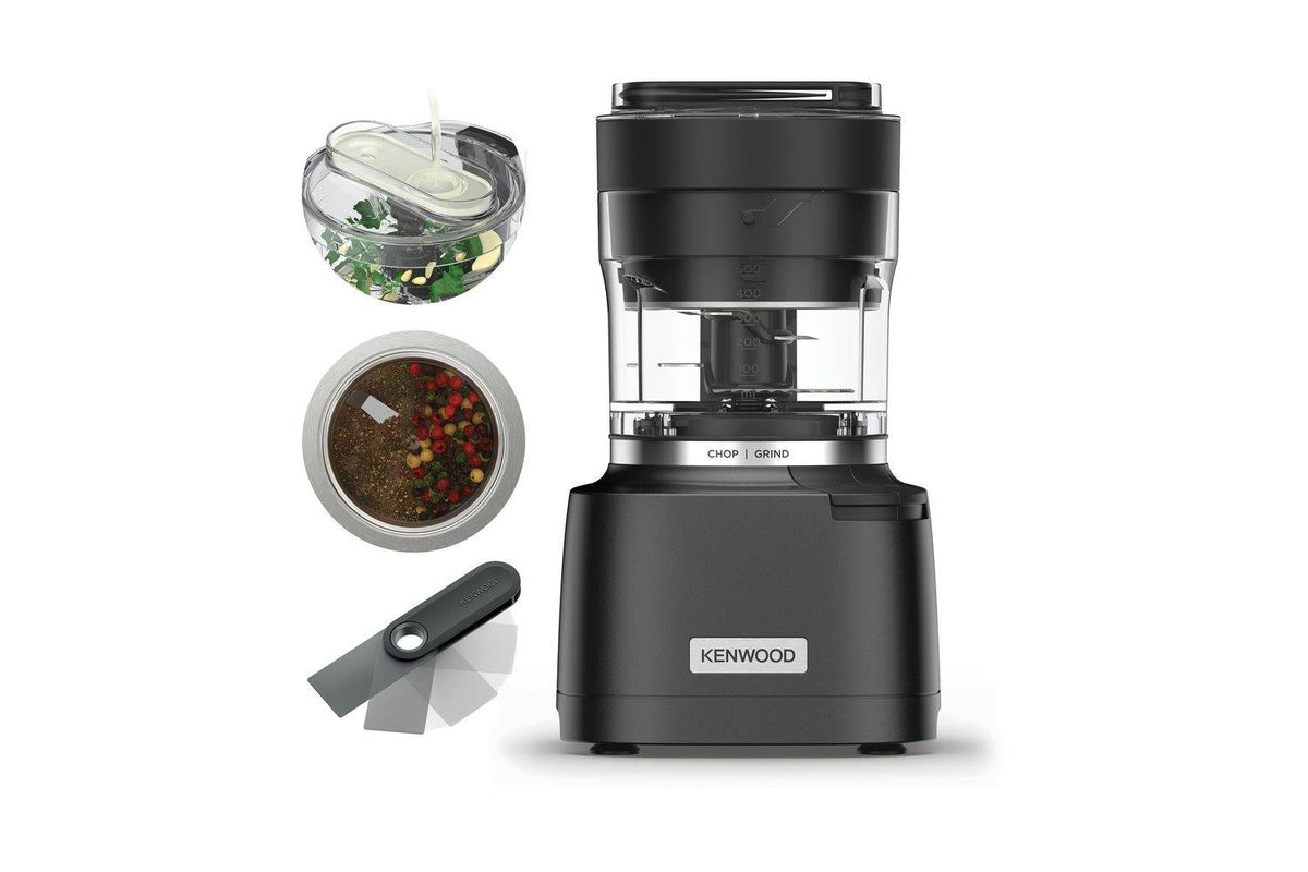 Kenwood Duo Prep 2-in-1 black chopper and grinder with two bowls and a folding spatula on white background.