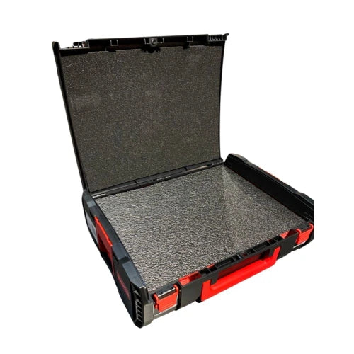 Open Milwaukee DYNA Case tool storage box with foam-lined interior and red handle visible
