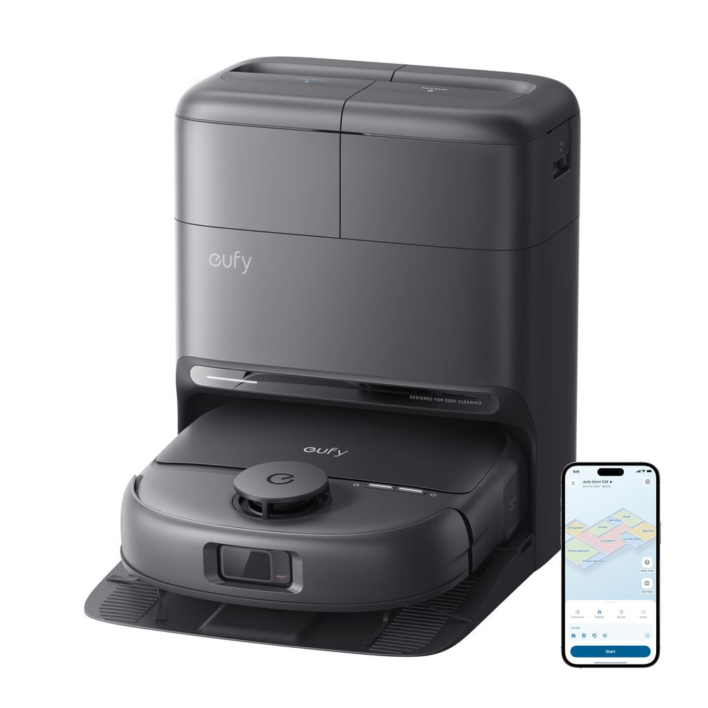 Eufy Omni C28A robot vacuum docked in charging station with smartphone showing cleaning map app.