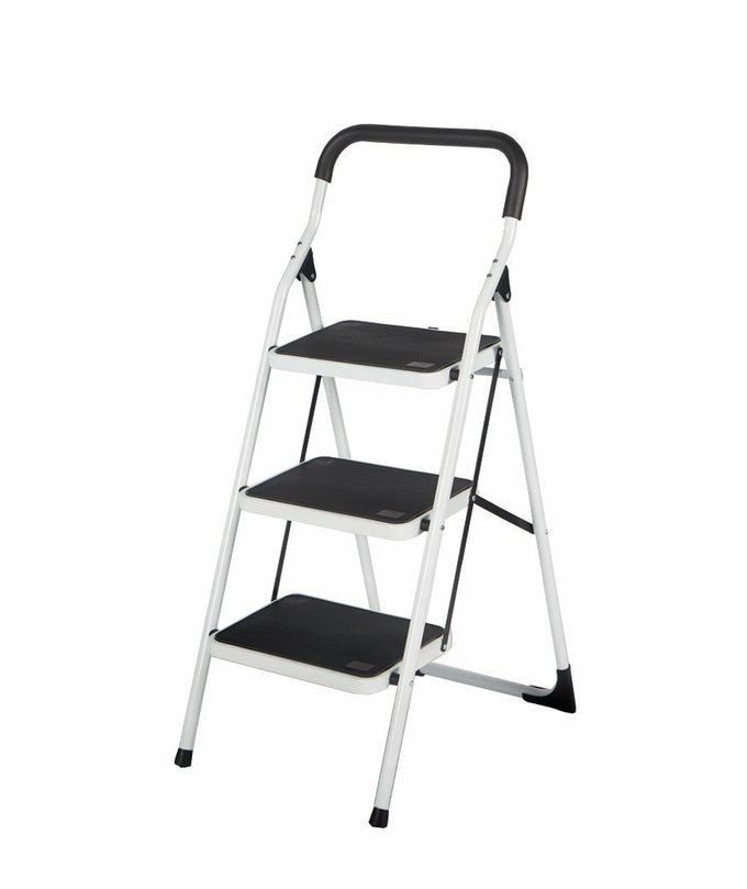 3 Tread Steel Household Steps with safety rail, non-slip rubber steps, locking mechanism, max height 2.72m – Keans