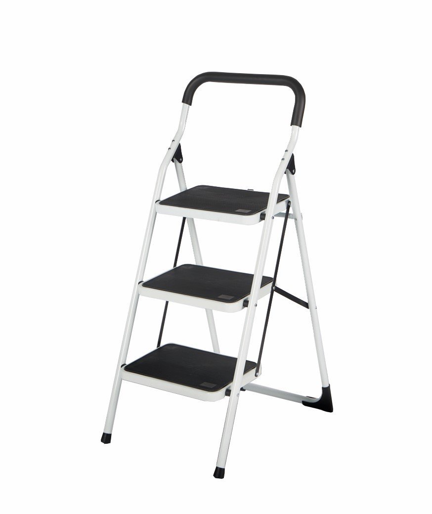 3 Tread Steel Household Steps with safety rail, non-slip rubber steps, locking mechanism, max height 2.72m – Keans